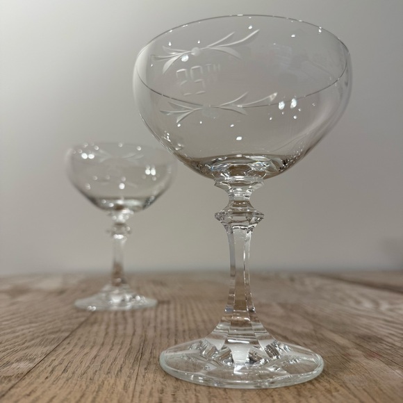 25th Vintage Etched Coupe Glasses Set of‎ 2 Anniversary Birthday Celebration